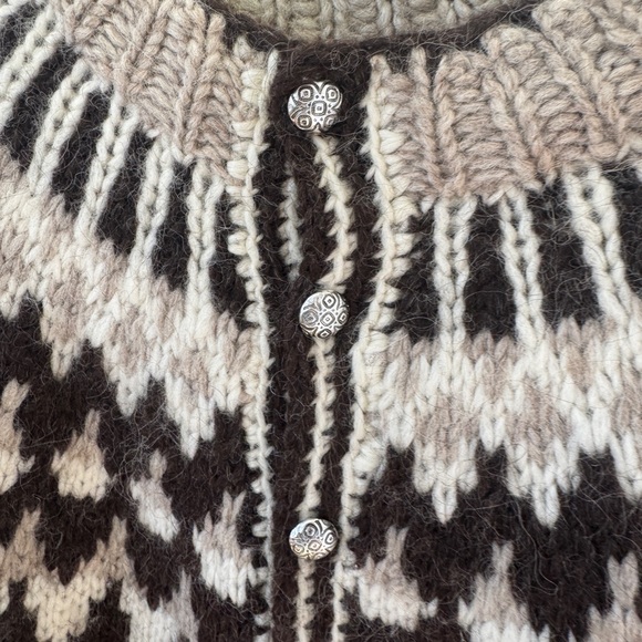 Women’s 100% wool heavy fair isle brown Nordic Patterned Cardigan Sweater sz L - Picture 4 of 6